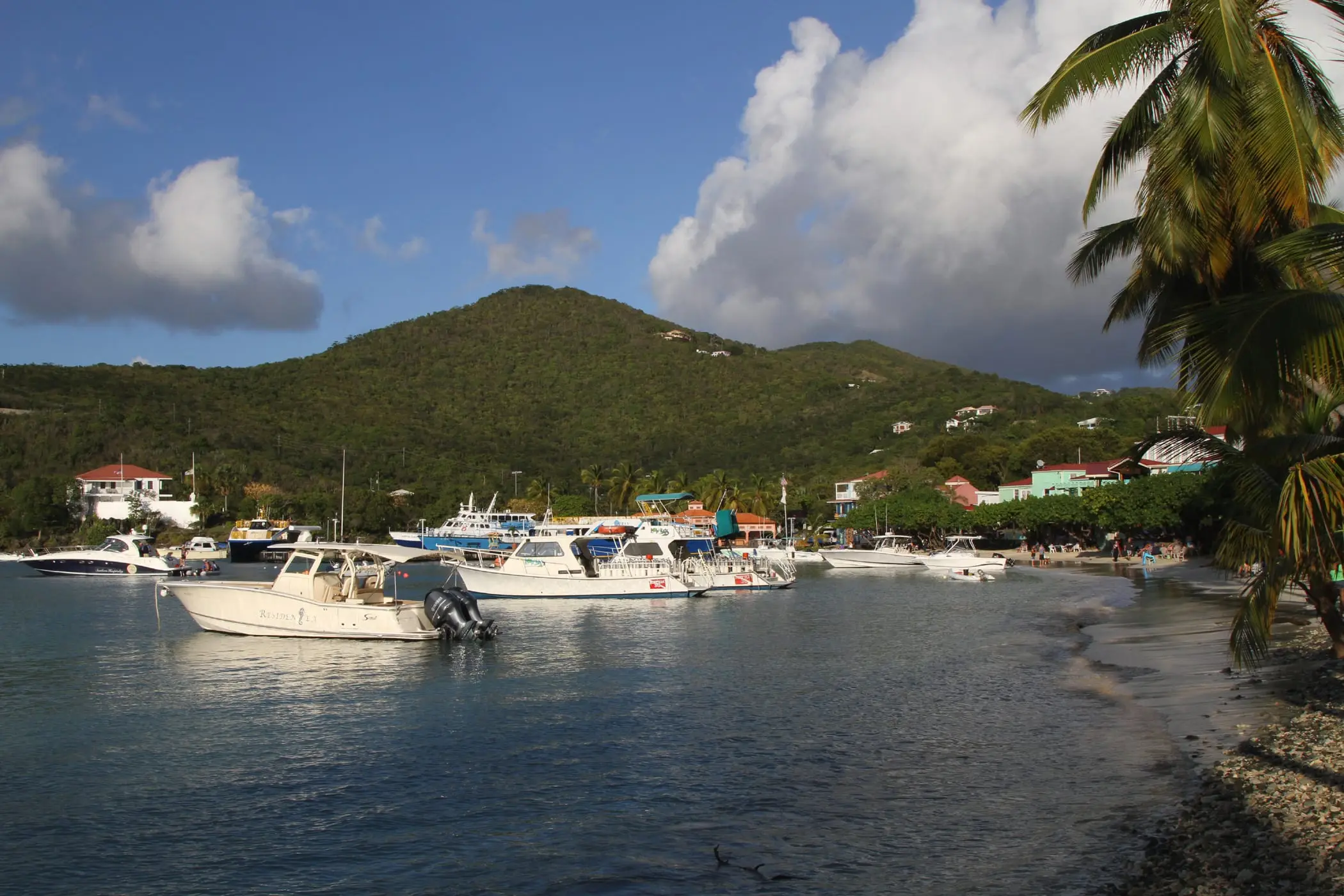 Boats moored off Cruz Bay Beach, with palms and waterfront buildings along the sand and a green hill behind the town