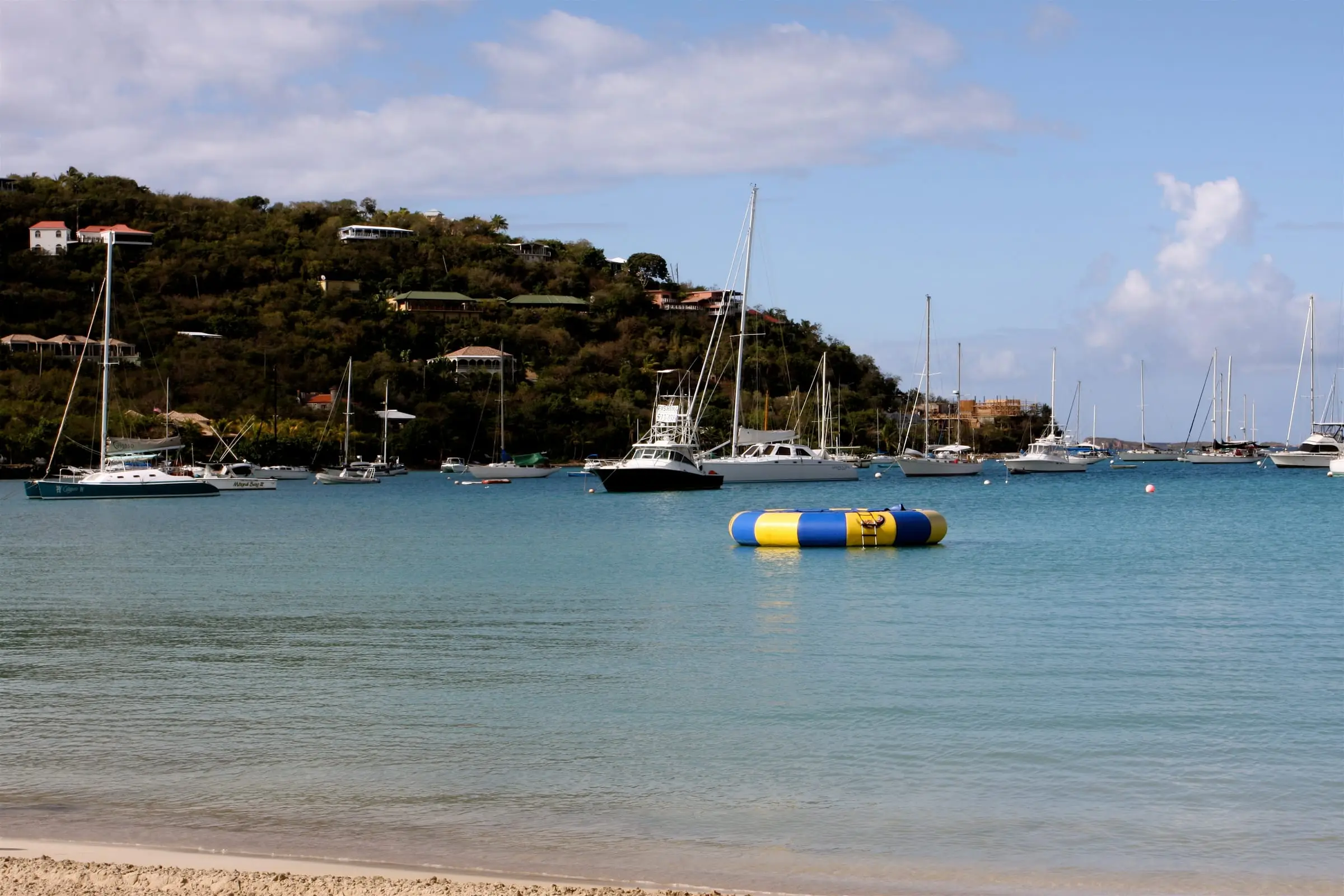 Sailboats and a sportfishing boat moored in Great Cruz Bay on St. John, below a wooded hillside dotted with houses