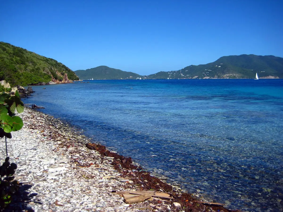 Coral-rubble shore at Haulover Bay beside clear blue water, with green hills across the channel
