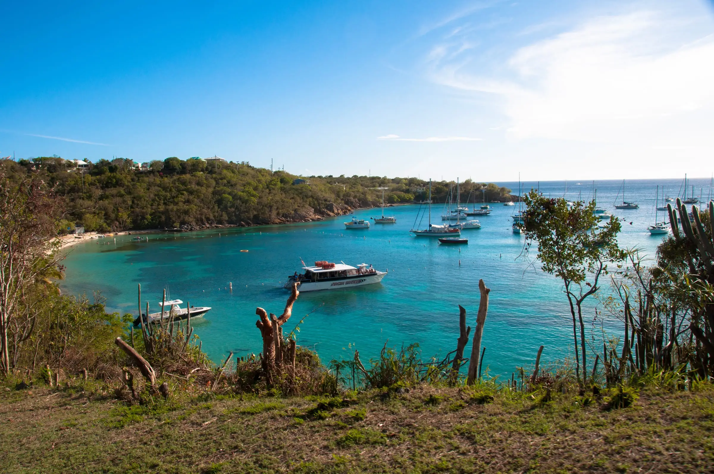 Honeymoon Bay on Water Island seen from the hillside above, with turquoise water, sailboats and a tour boat at anchor, the beach at left and wooded hills with houses