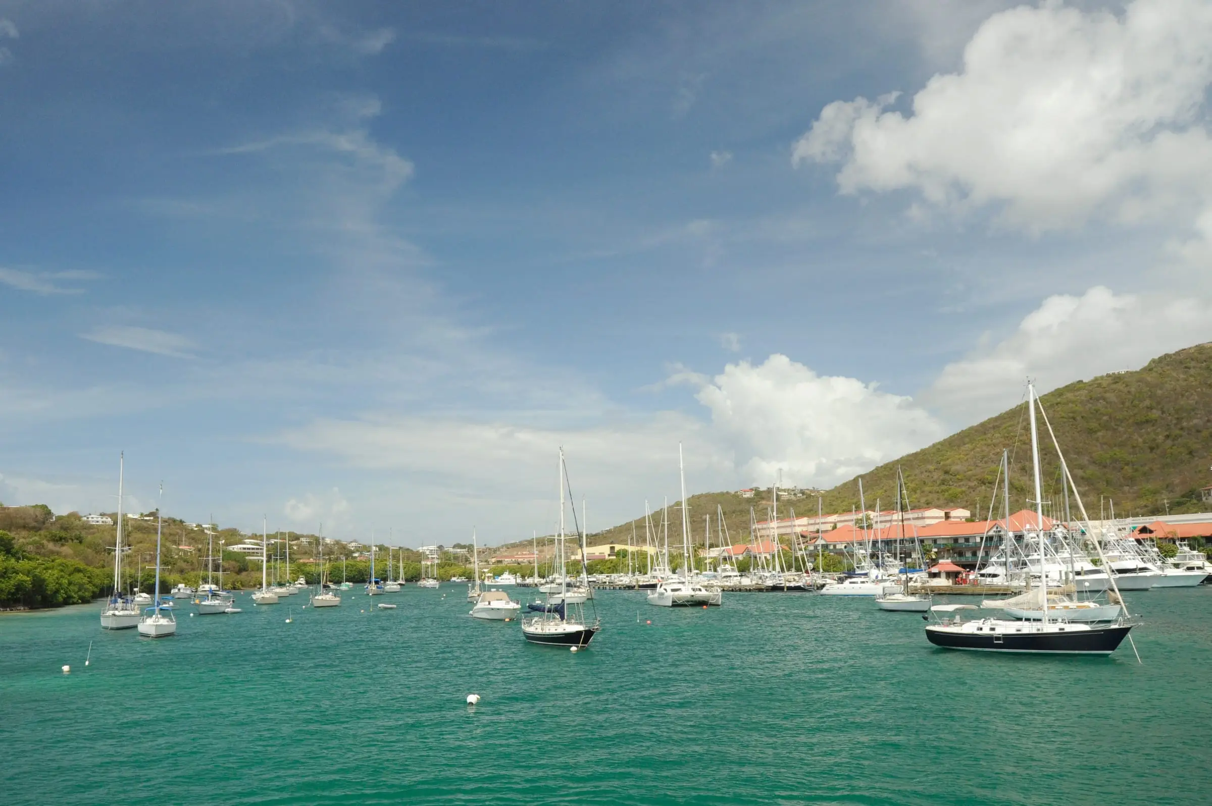 Sailboats moored on the turquoise water of Red Hook Bay, with red-roofed waterfront buildings, marina docks and green East End hills behind