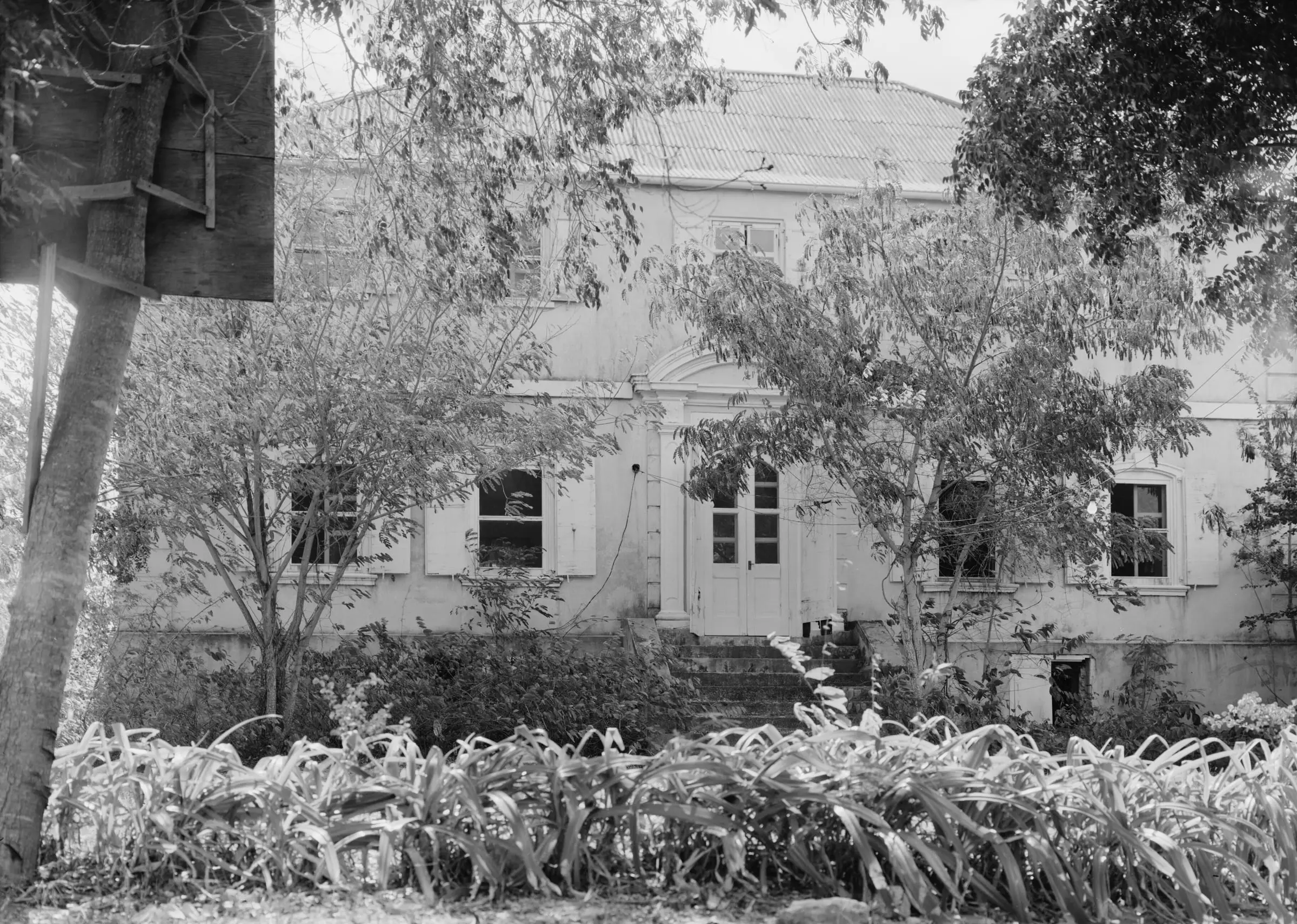Black-and-white survey photograph of the two-story Sion Farm great house, its arched entrance half hidden by trees and lilies